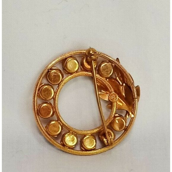 DCE Round Leaves Red Stones Gold Tone 1/20 14 KT GF Vintage Brooch Pin 1" - Picture 4 of 9